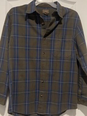 Stafford Olive and Blue Plaid Long-Sleeve Button-Down Shirt, Medium